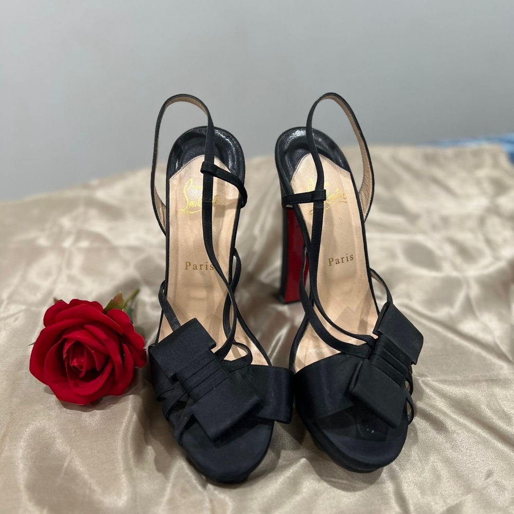Christian Louboutin Satin Bow Slingback Platform Heels - Picture 2 of 12